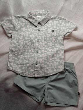 Baby Floral Button-Up Shirt and Solid Shorts - Mint Green